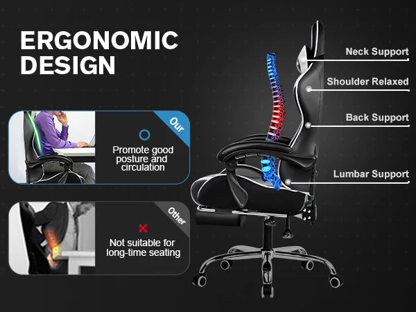GTPLAYER Gaming Chair with Footrest, Lumbar Support, Adjustable Height, Swivel Seat, Headrest for Office