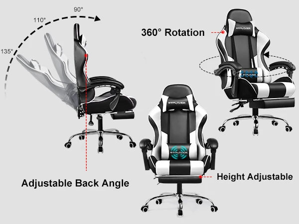 GTPLAYER Gaming Chair with Footrest, Lumbar Support, Adjustable Height, Swivel Seat, Headrest for Office