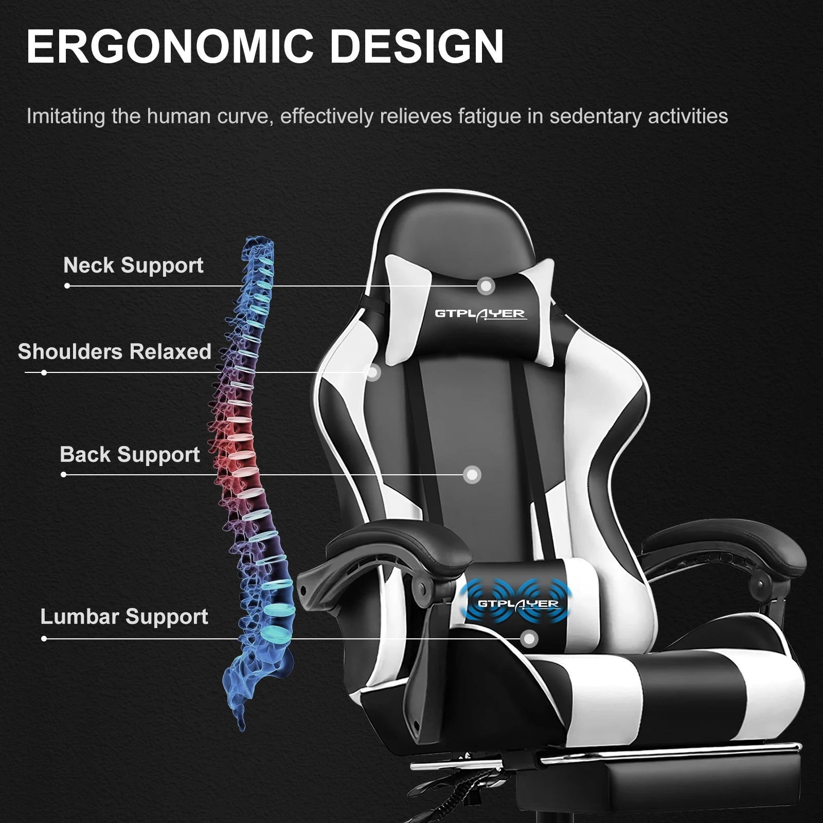 GTPLAYER Gaming Chair with Footrest, Lumbar Support, Adjustable Height, Swivel Seat, Headrest for Office