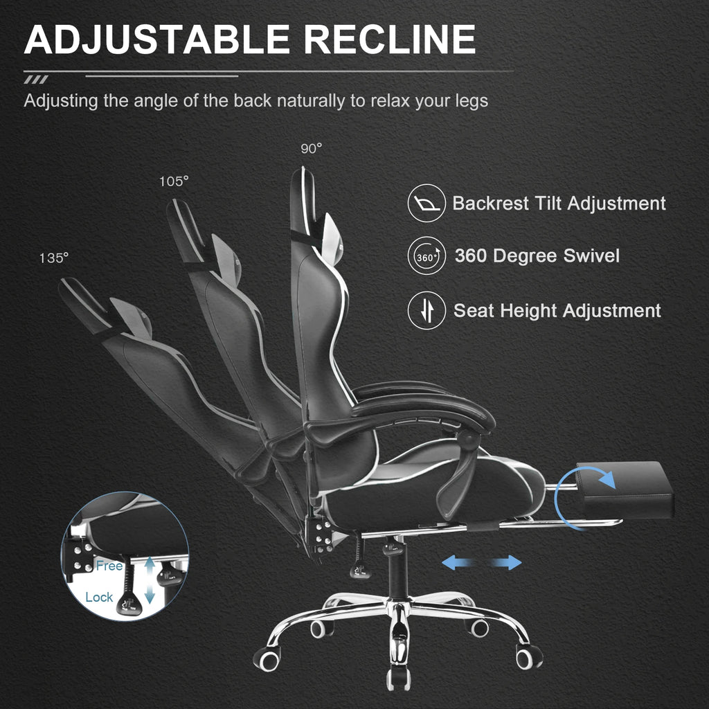 GTPLAYER Gaming Chair with Footrest, Lumbar Support, Adjustable Height, Swivel Seat, Headrest for Office