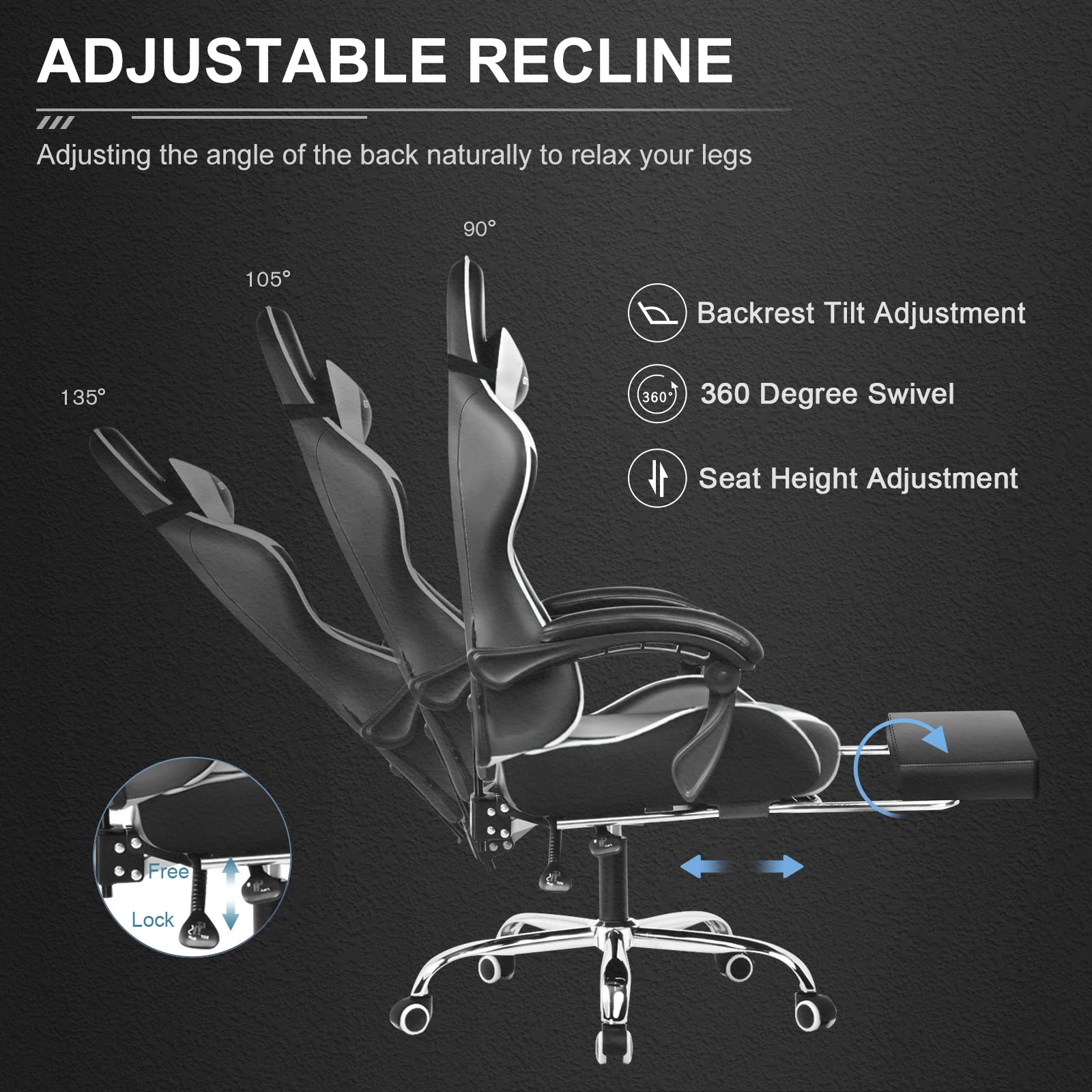 GTPLAYER Gaming Chair with Footrest, Lumbar Support, Adjustable Height, Swivel Seat, Headrest for Office