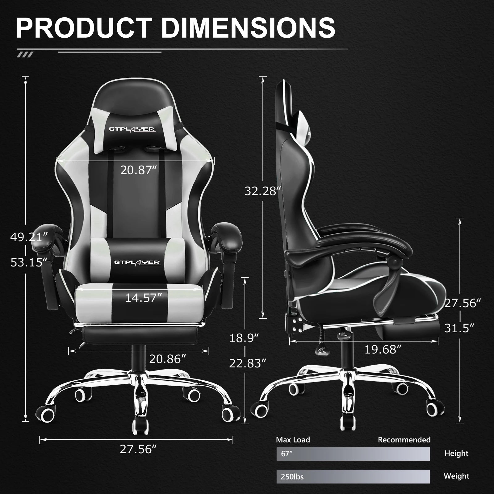 GTPLAYER Gaming Chair with Footrest, Lumbar Support, Adjustable Height, Swivel Seat, Headrest for Office