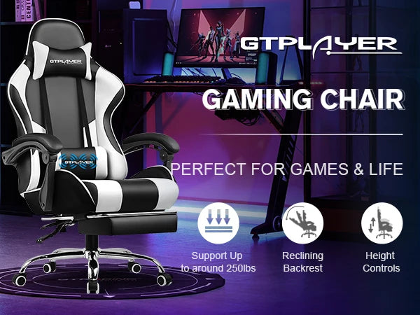 GTPLAYER Gaming Chair with Footrest, Lumbar Support, Adjustable Height, Swivel Seat, Headrest for Office