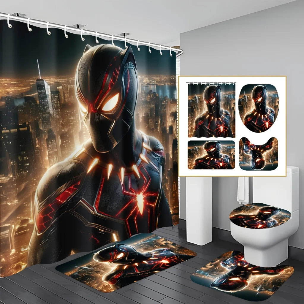 Marvel 1/4pcs Spiderman Cartoon Pattern Decoration Set Includes Shower Curtain, Non-Slip Bathroom Rug, Toilet U-Shaped Mat