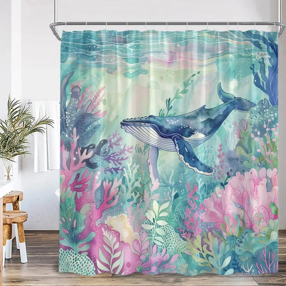 Marine Life Nature Bathroom Decor Sea Poltester Bath Curtain with Hook