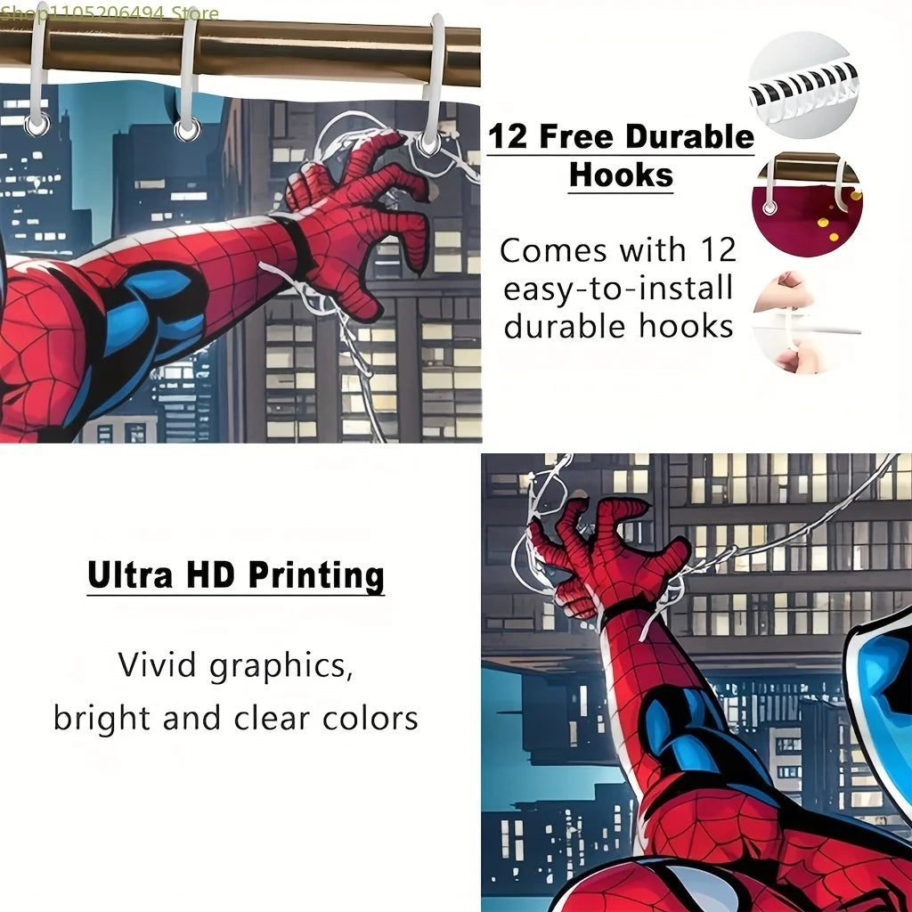 Marvel 1/4pcs Spiderman Cartoon Pattern Decoration Set Includes Shower Curtain, Non-Slip Bathroom Rug, Toilet U-Shaped Mat