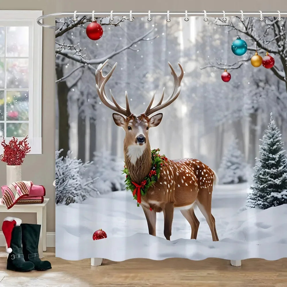 Winter Snow Forest Deer Shower Curtain Christmas Nature