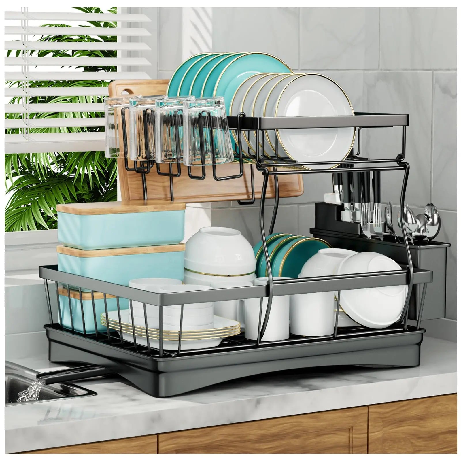 Large 2-tier dish drying rack for kitchen countertops,