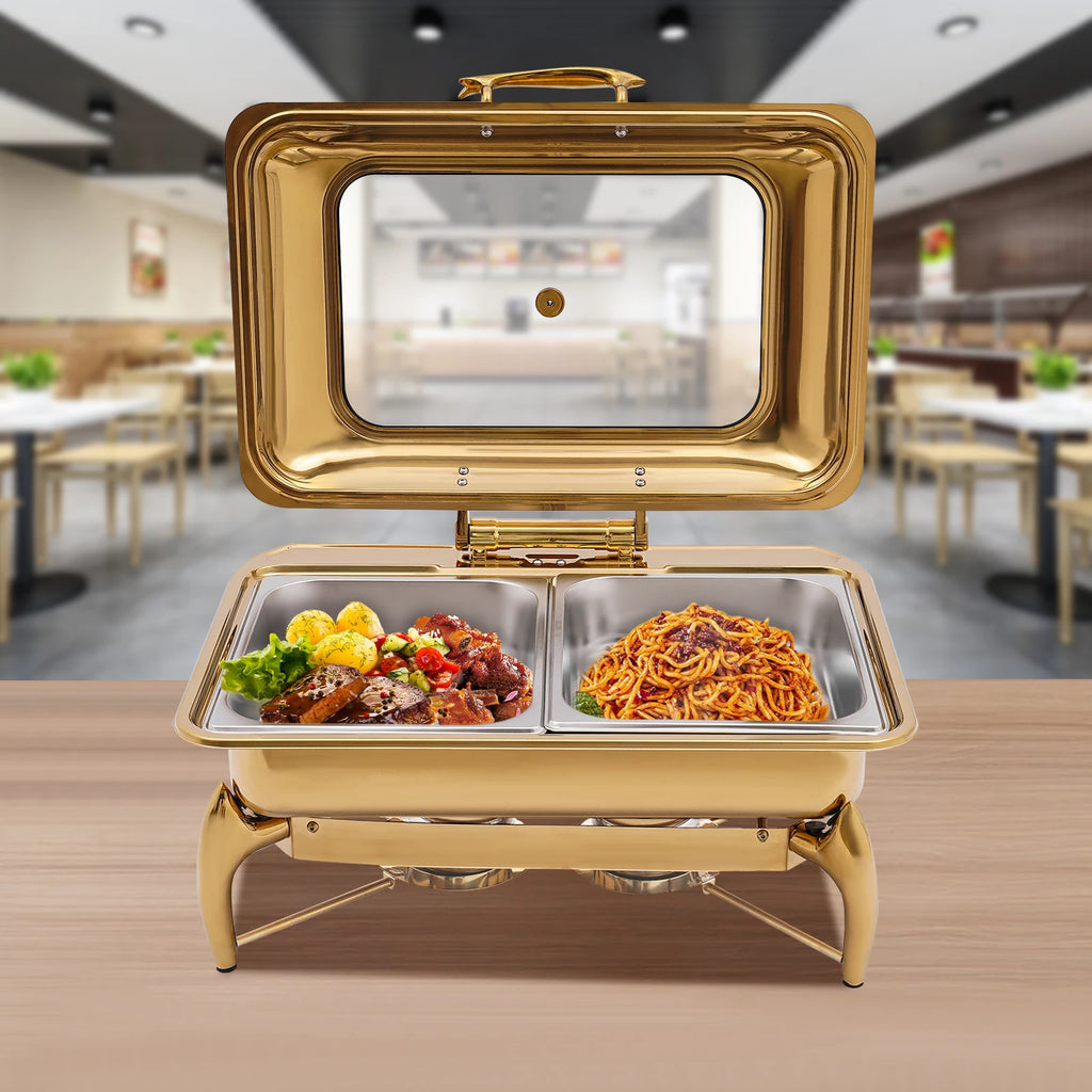 9L Gold Rectangle Dual Compartment Chafing Dish Buffet Set