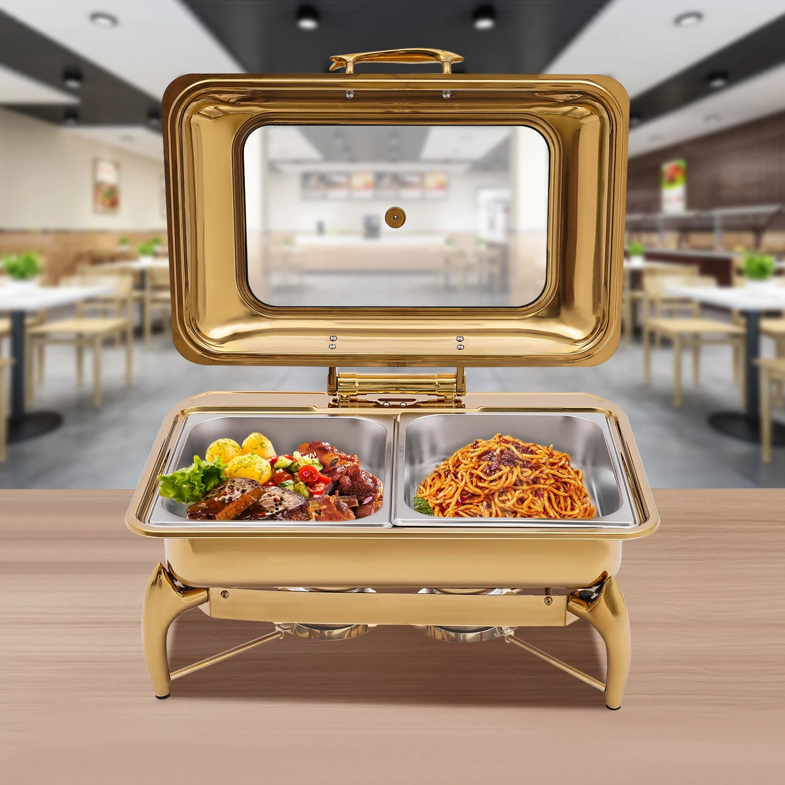 9L Gold Rectangle Dual Compartment Chafing Dish Buffet Set