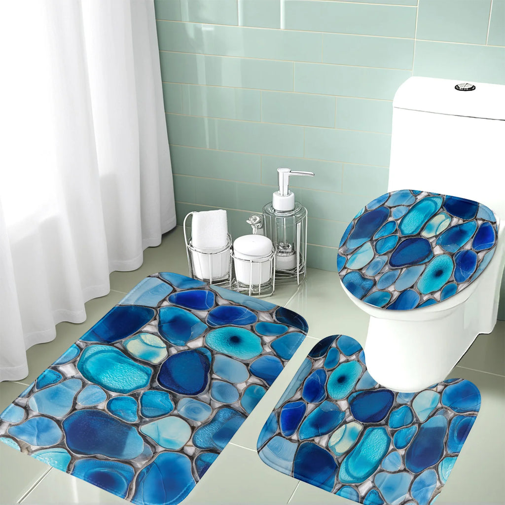 Bathroom Anti-Slip Mat Set - 3pcs Kit with Bluesy Irregular Glass Stone Pattern 2D Design, Digital Print - Includes Non-Slip Mat