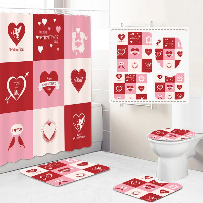 1 Set Waterproof Shower Curtain Romantic Valentine's Day Heart Rose Bathroom Curtain