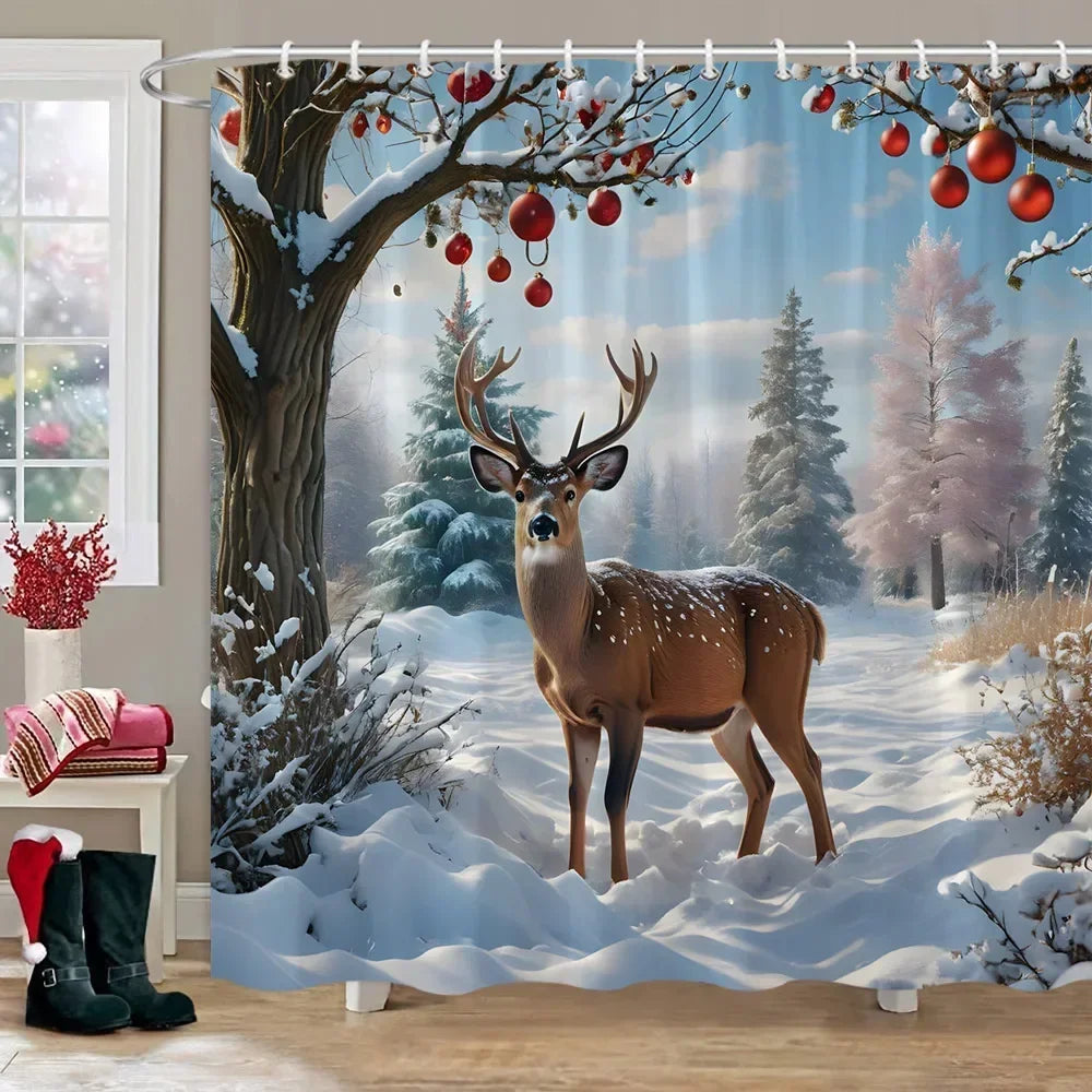 Winter Snow Forest Deer Shower Curtain Christmas Nature