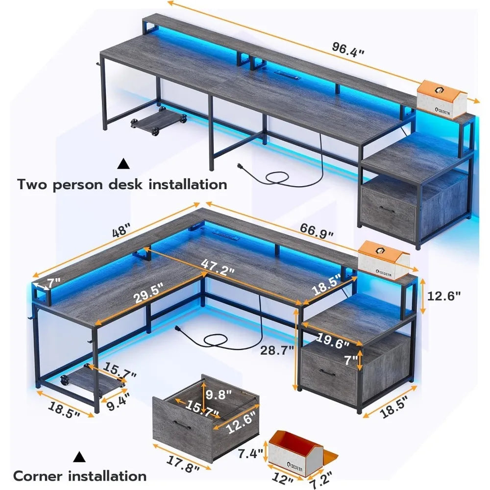 Home Office Desk with Wood File Drawer & Power Outlet,
