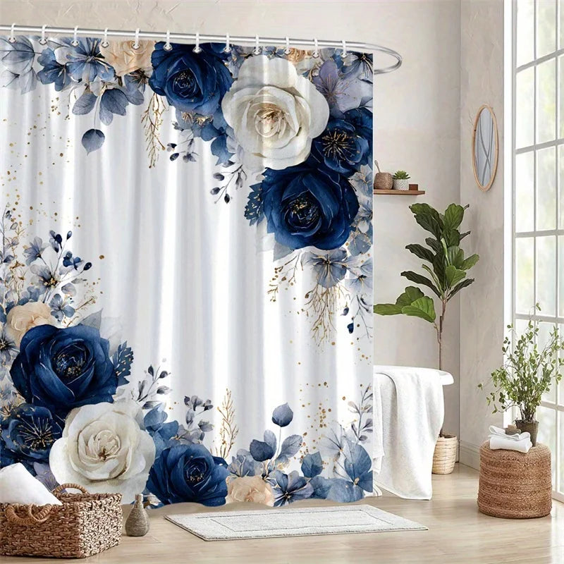 1 Elegant Blue Peach Rose Lace Shower Curtain