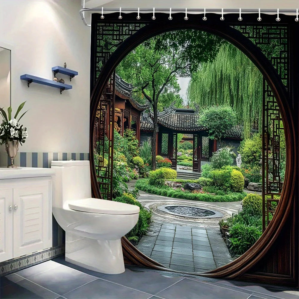 Discover Tranquility with this Waterproof Shower Curtain Featuring a Traditional Chinese Garden