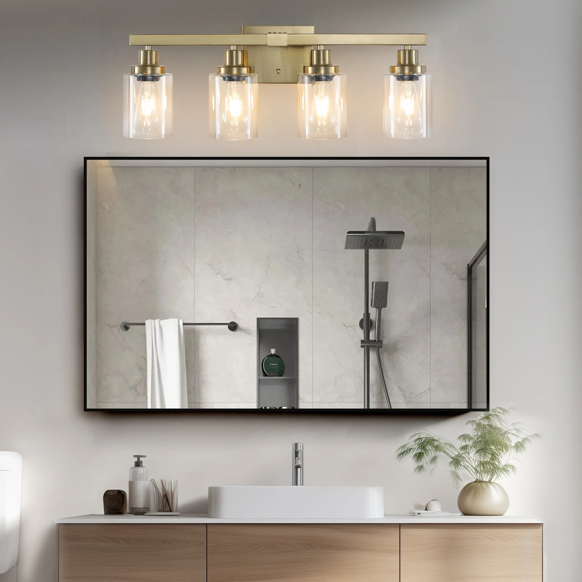 Golden 4-Light Vanity Light with Clear Glass Shades