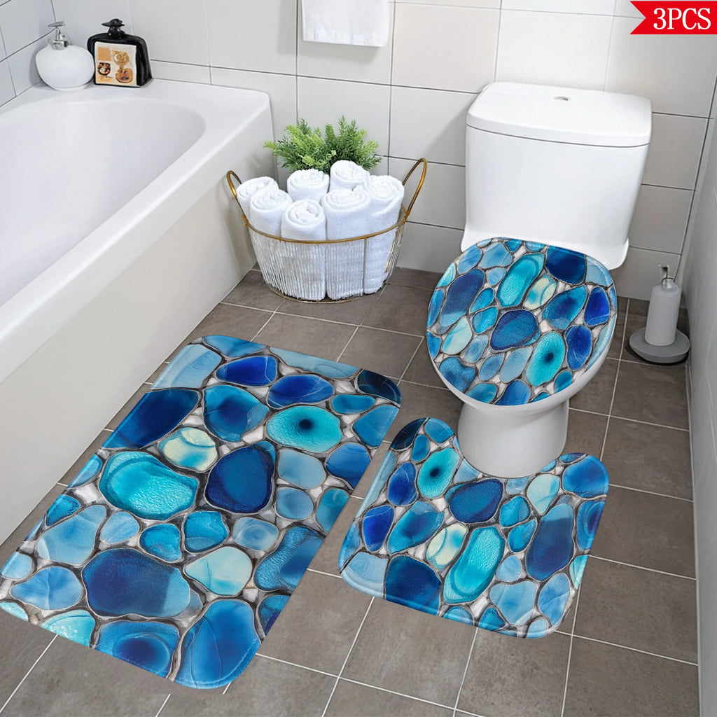 Bathroom Anti-Slip Mat Set - 3pcs Kit with Bluesy Irregular Glass Stone Pattern 2D Design, Digital Print - Includes Non-Slip Mat