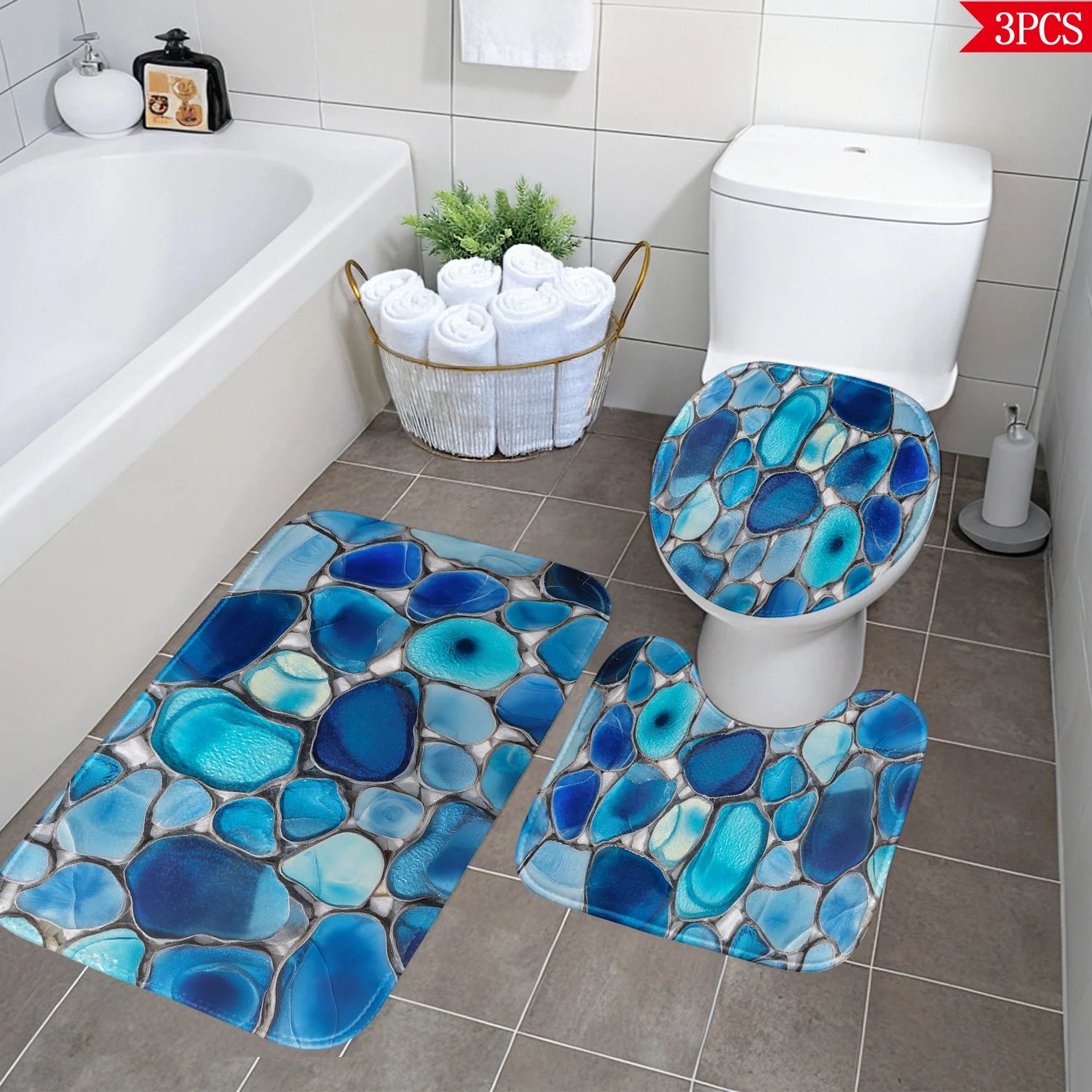 Bathroom Anti-Slip Mat Set - 3pcs Kit with Bluesy Irregular Glass Stone Pattern 2D Design, Digital Print - Includes Non-Slip Mat
