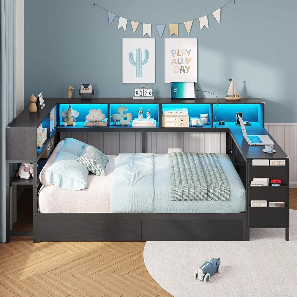 DICTAC Corner Twin Bed Frame with Desk,Charging Station and Bookcase Storage