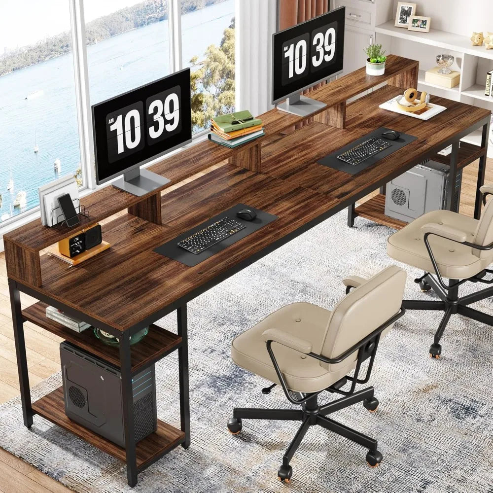 Two Person Desk with Monitor Stand, 78.74" Long Double Computer Office Desk with Storage Shelves,