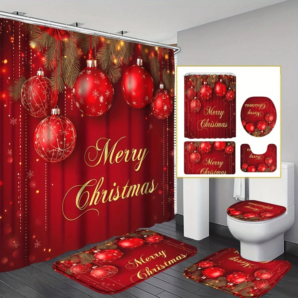 4pc Merry Christmas shower curtain set: 12 hook