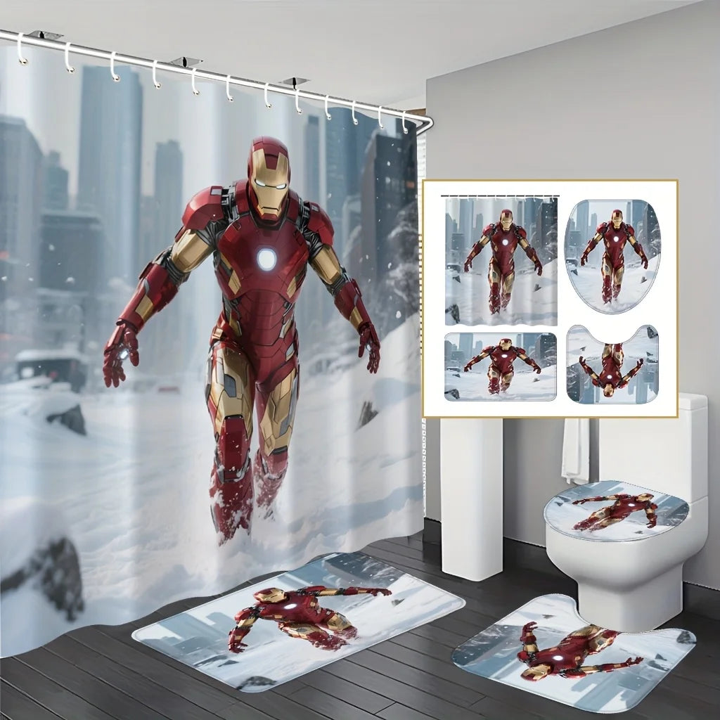 Marvel 1/4pcs Spiderman Cartoon Pattern Decoration Set Includes Shower Curtain, Non-Slip Bathroom Rug, Toilet U-Shaped Mat