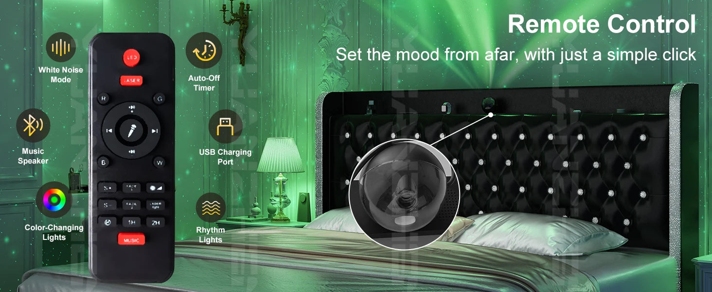 Queen LED Bed Frame with Galaxy Projector, Bluetooth Speaker, USB Ports, 4 Drawers