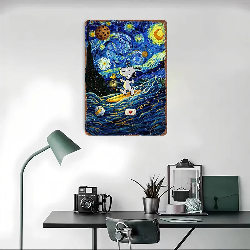 Snoopy Surfing Starry Night Parody Metal Poster