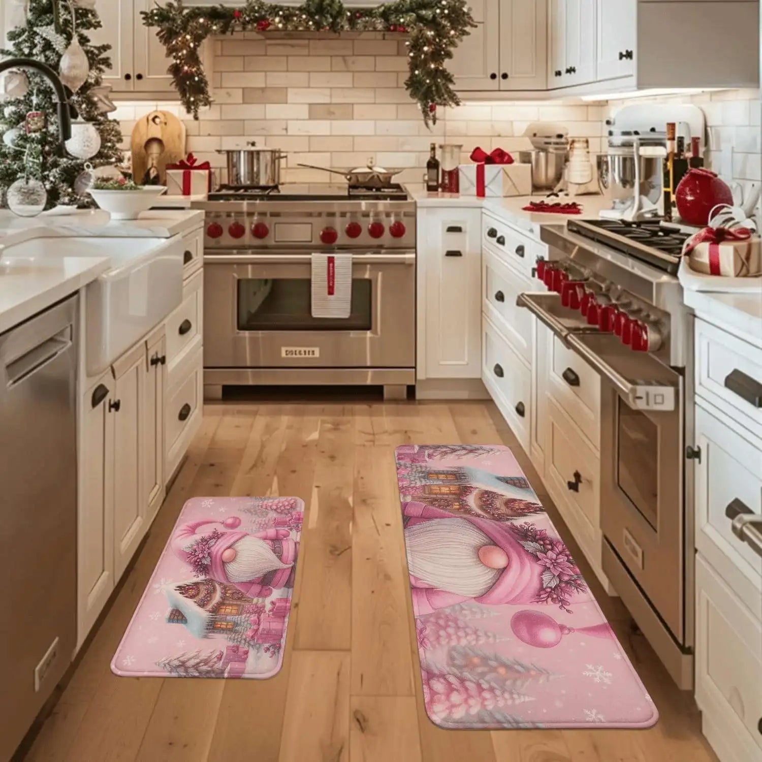 3PCS Christmas Doormats Pink Santa Claus Rugs