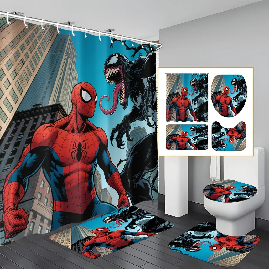 Marvel 1/4pcs Spiderman Cartoon Pattern Decoration Set Includes Shower Curtain, Non-Slip Bathroom Rug, Toilet U-Shaped Mat