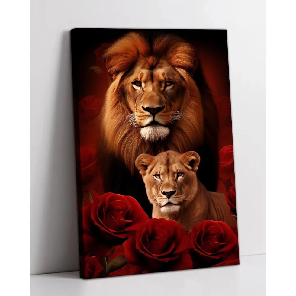 Large Lion Canvas Wall Art  Lion & Lioness with Red Rose Flower Picture