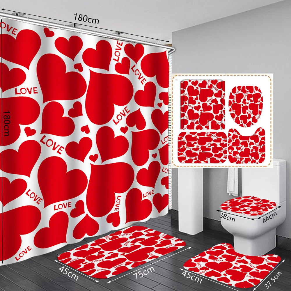 1 Set Waterproof Shower Curtain Romantic Valentine's Day Heart Rose Bathroom Curtain