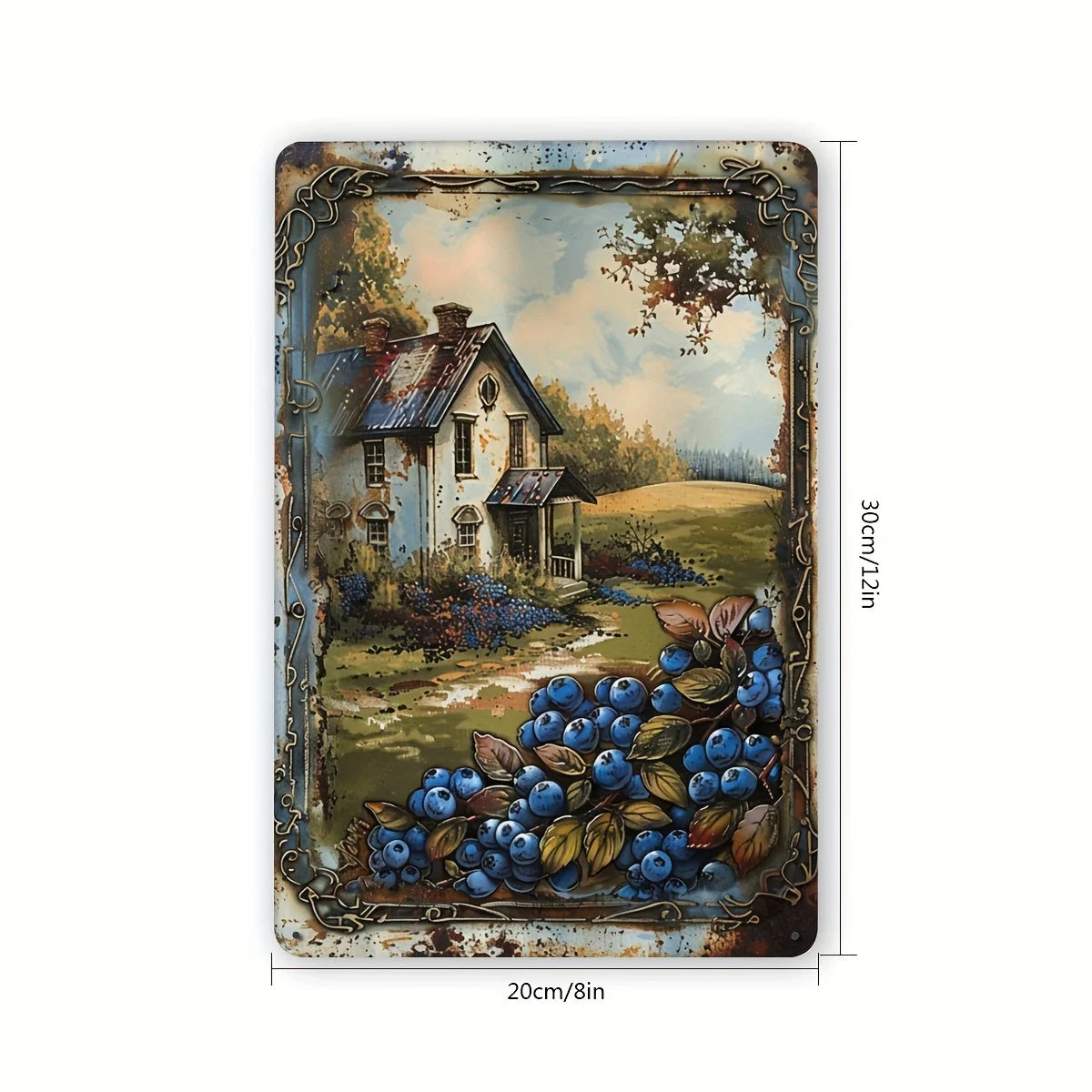 Retro Blueberry Cottage Tin Painting 8x12 Inch