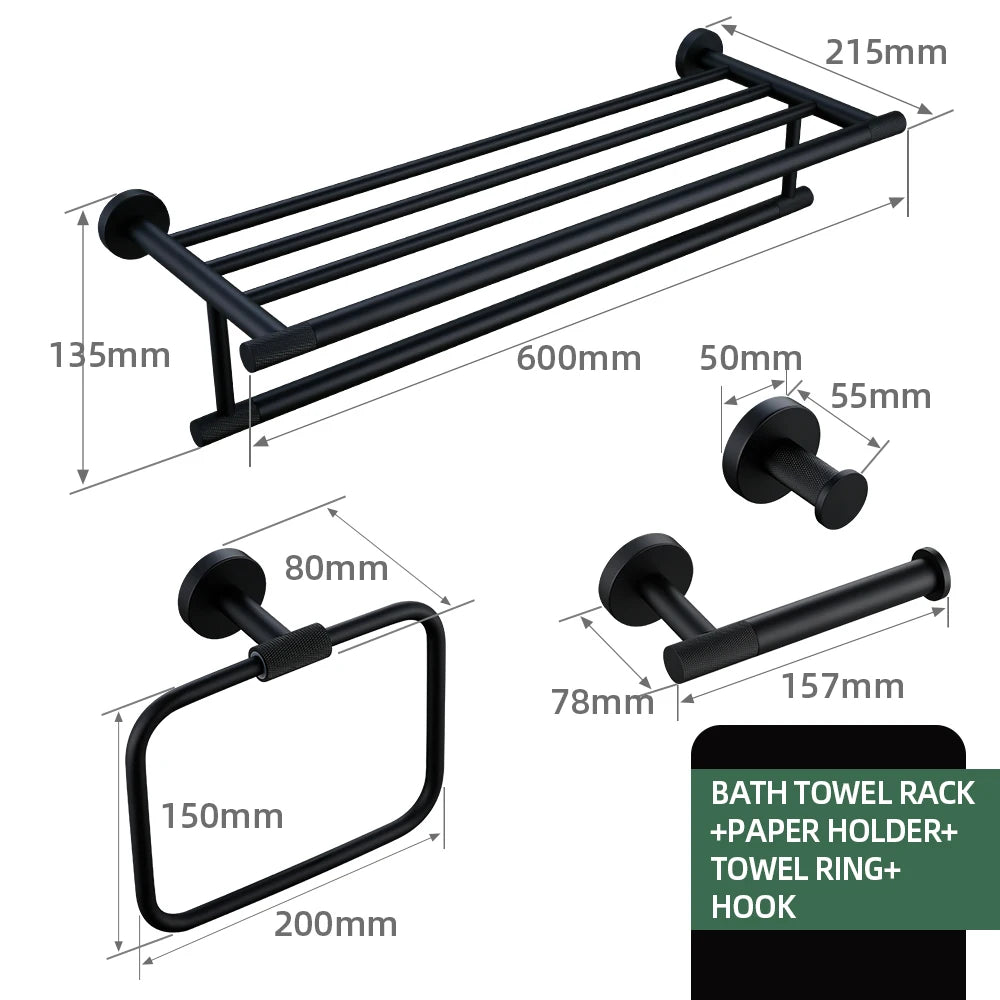 Black Bathroom Accessories Brass Knurled Kit Paper Holder Towel Rack Shelf Single Towel Holder Toilet Brush Holder Hook