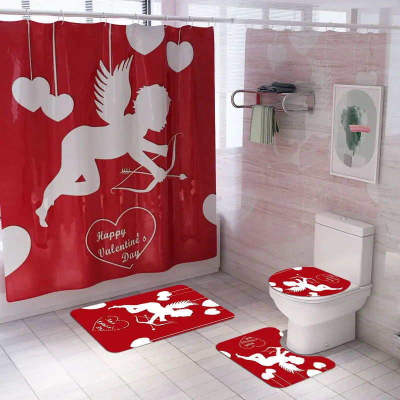 1 Set Waterproof Shower Curtain Romantic Valentine's Day Heart Rose Bathroom Curtain