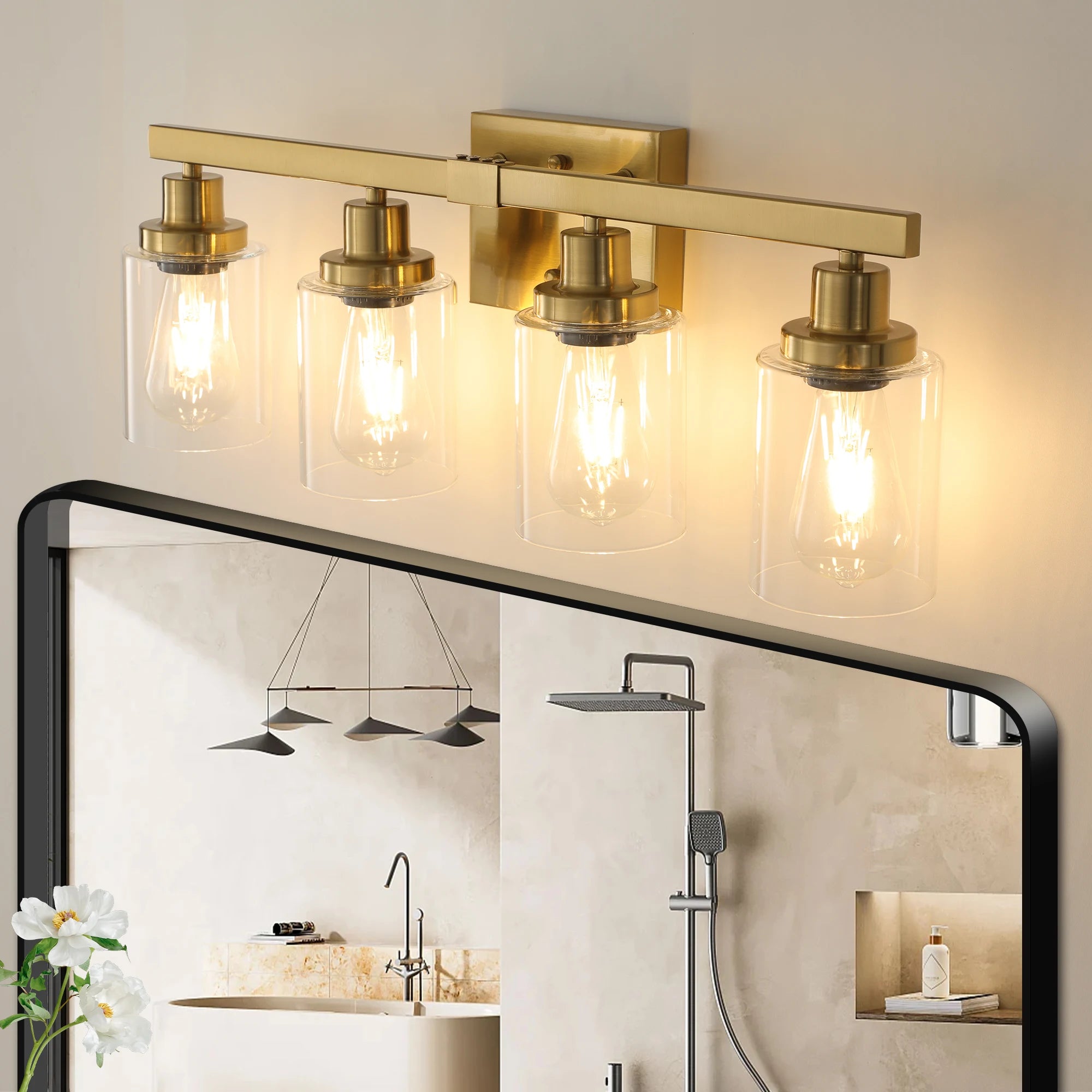 Golden 4-Light Vanity Light with Clear Glass Shades
