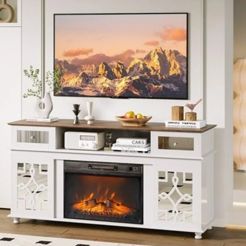 Fireplace TV Stand with Sliding Mirrored Door for TVs up to 70"