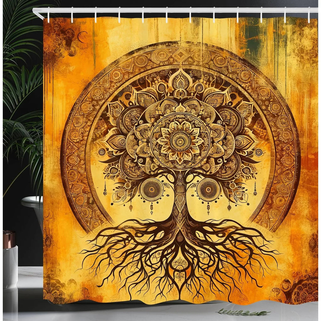 Shower Curtain, Oriental Atmosphere Warm Tone Mandala Ornate Life