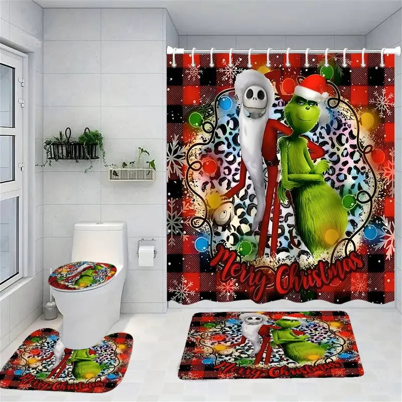 Merry Christmas Cartoon Shower Curtain  Witch Bath Sets Waterproof