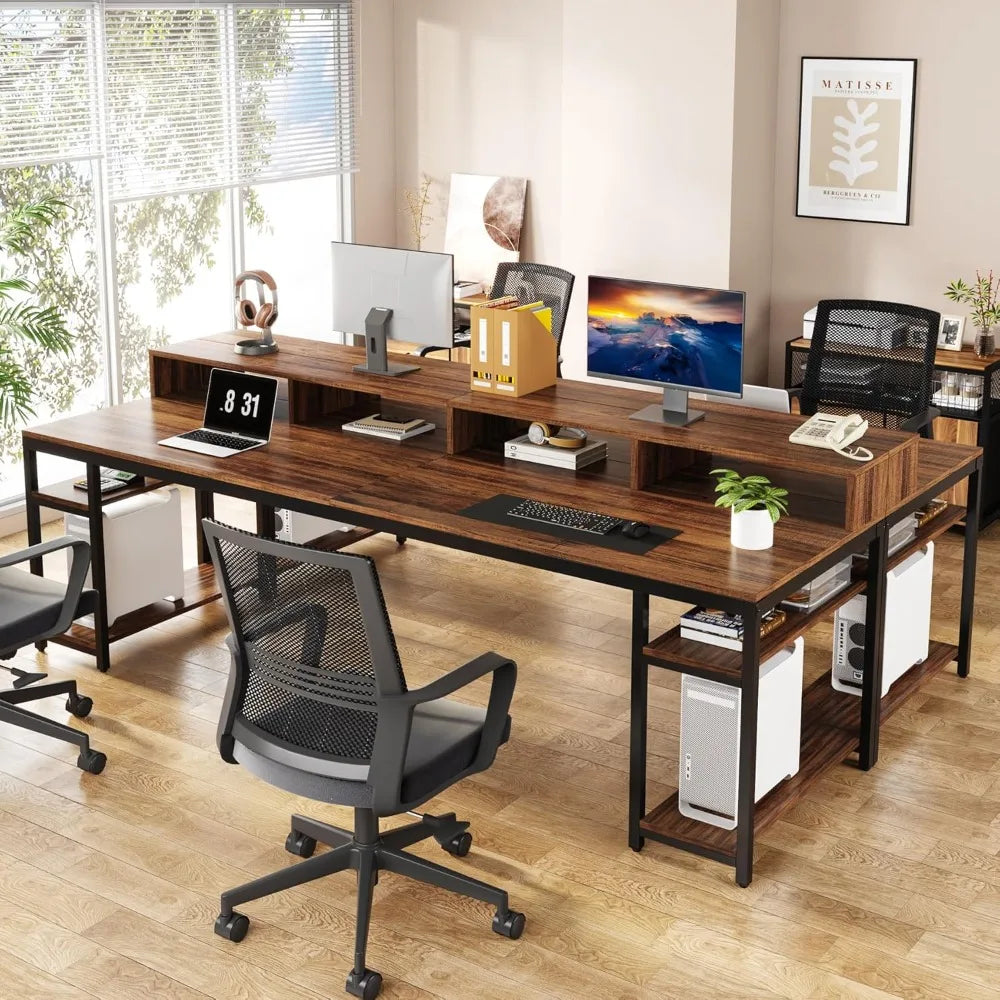 Two Person Desk with Monitor Stand, 78.74" Long Double Computer Office Desk with Storage Shelves,