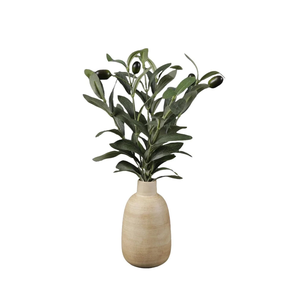 15 Inch Artificial Olive Potted Plant in Wood Finish Vase