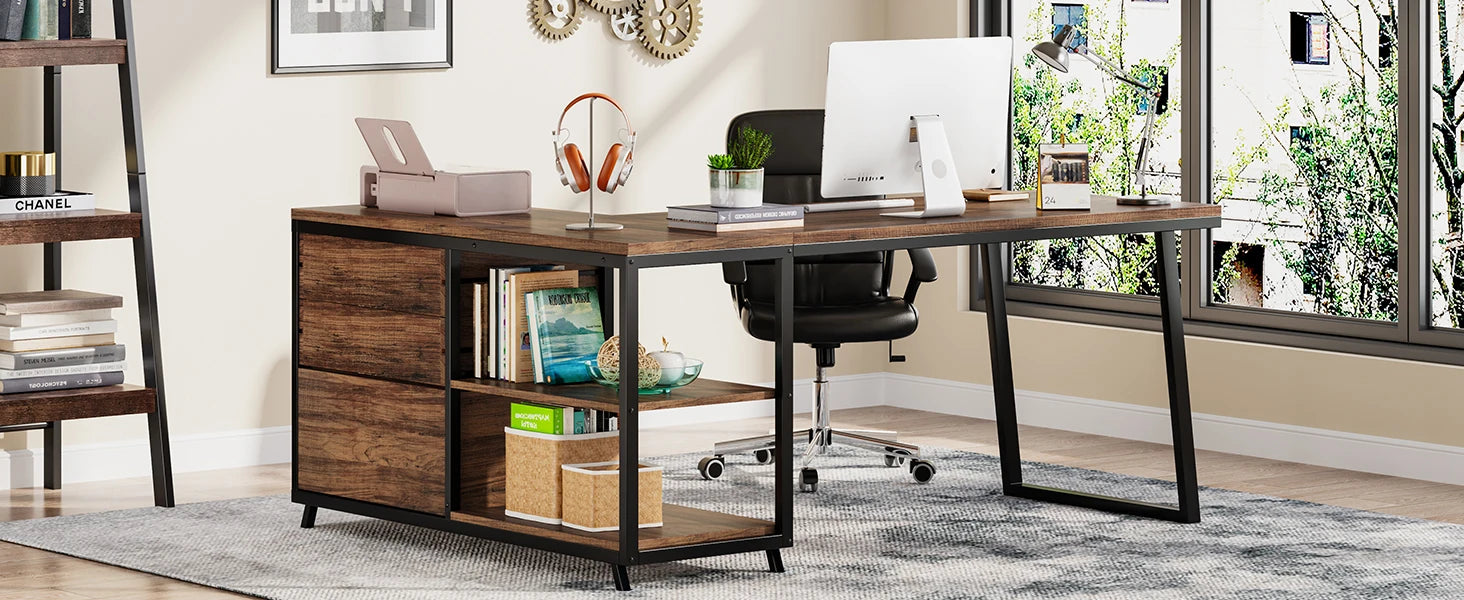 L-Shaped Computer Desk with 3 Drawers