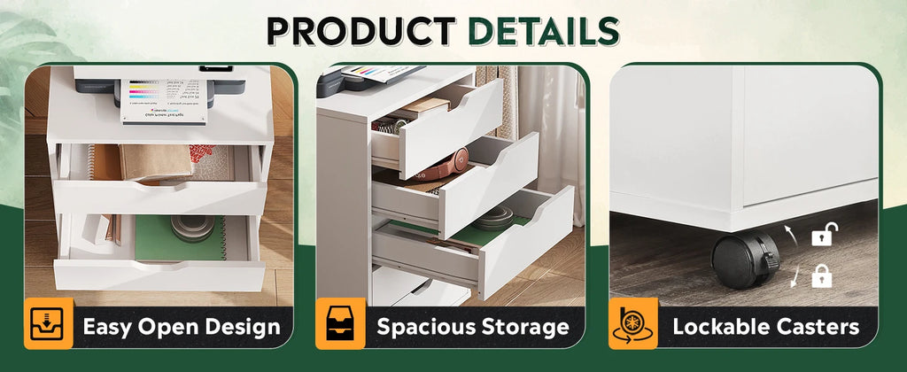 5-Drawer Chest, Wood Storage file Cabinet with Wheels, White