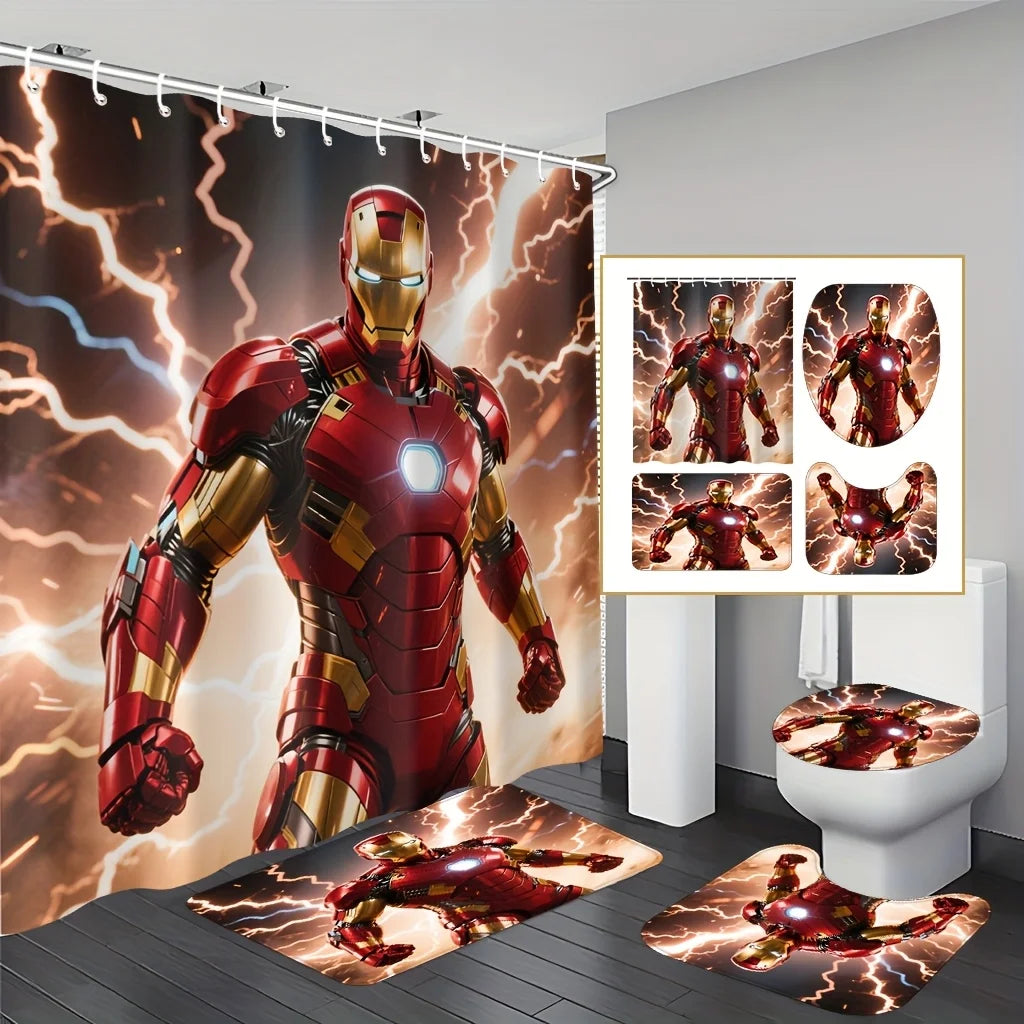 Marvel 1/4pcs Spiderman Cartoon Pattern Decoration Set Includes Shower Curtain, Non-Slip Bathroom Rug, Toilet U-Shaped Mat