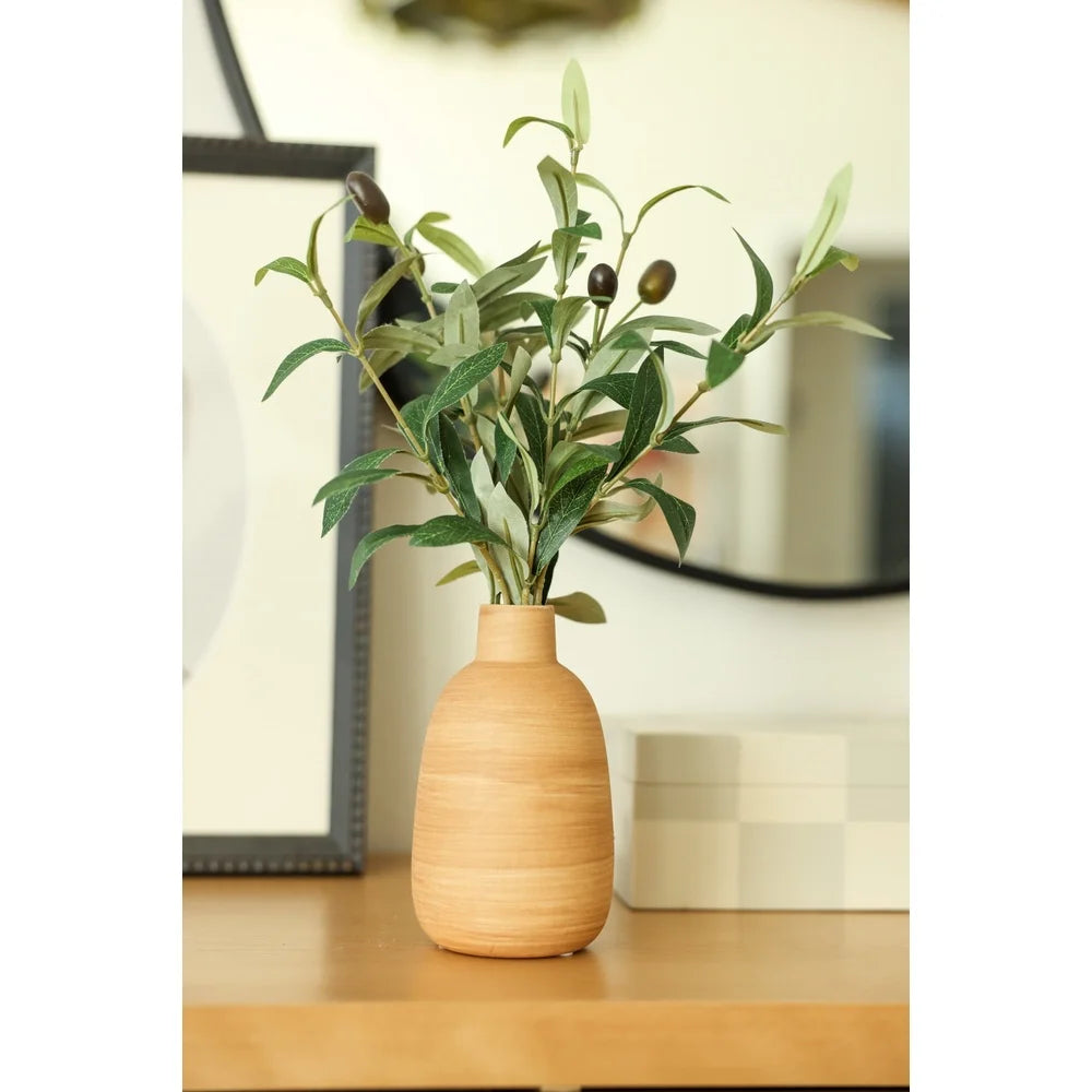 15 Inch Artificial Olive Potted Plant in Wood Finish Vase