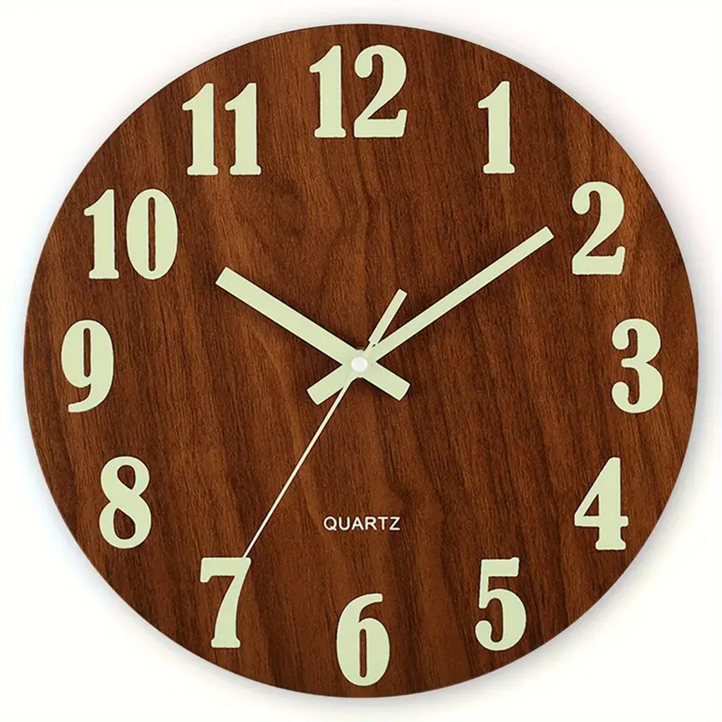 12 Inch Wooden Simple Luminous Wall Clock Silent Non Ticking