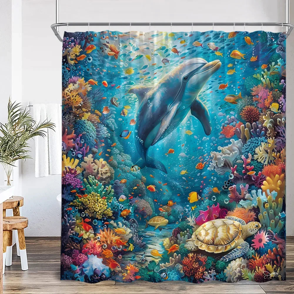 Marine Life Nature Bathroom Decor Sea Poltester Bath Curtain with Hook