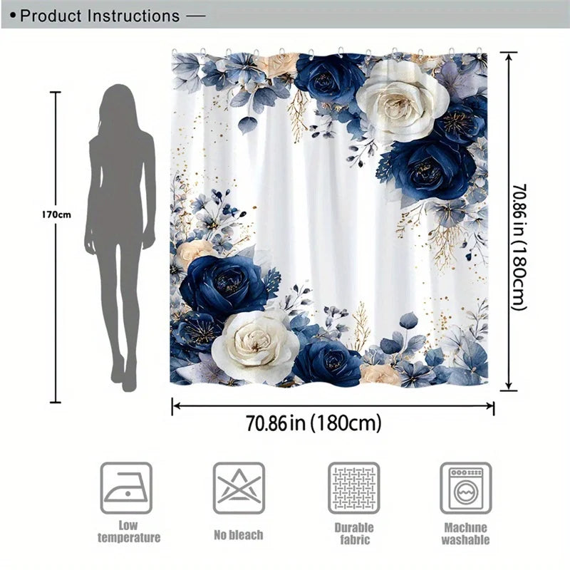 1 Elegant Blue Peach Rose Lace Shower Curtain