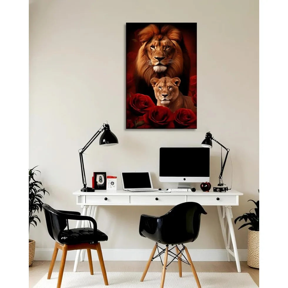 Large Lion Canvas Wall Art  Lion & Lioness with Red Rose Flower Picture